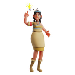  3D illustration .3D Smart Indian Girl character image has a great idea. pointing to the light bulb. showing a beautiful smile. 3D Cartoon Character