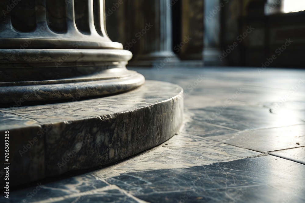 Poster A detailed close-up view of a pillar on a polished marble floor. This image can be used to showcase architectural elements or to add elegance and sophistication to any design project