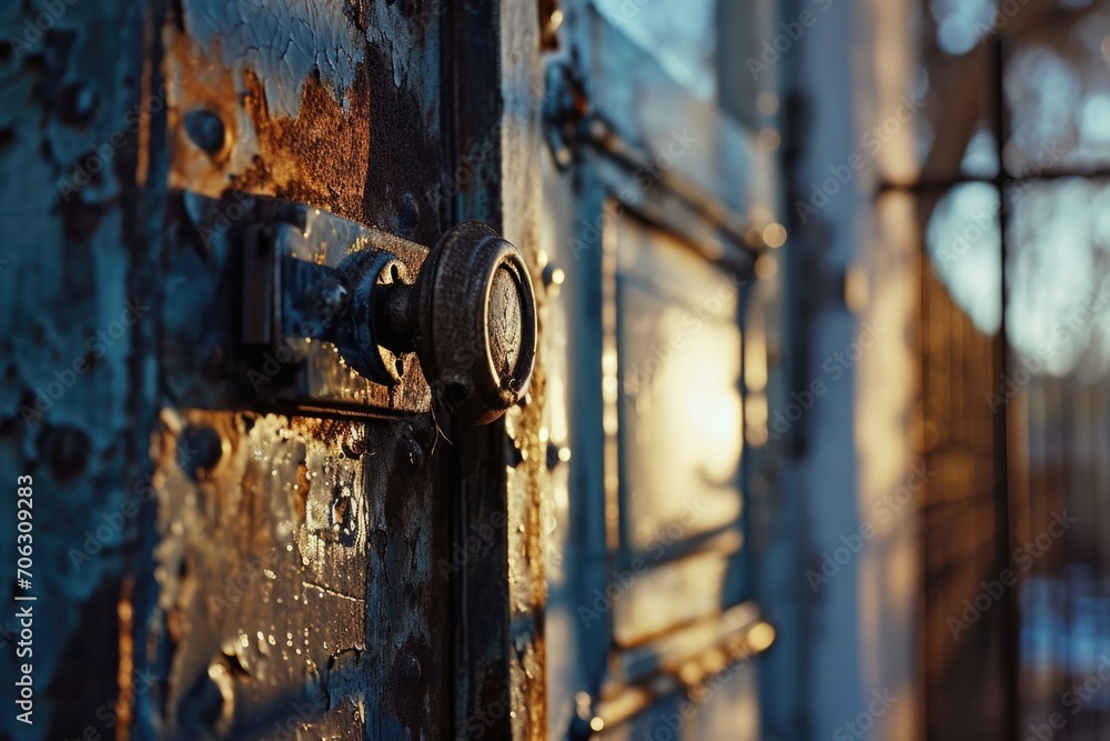 Poster a detailed view of a metal door with a lock. this image can be used to depict security, protection, 