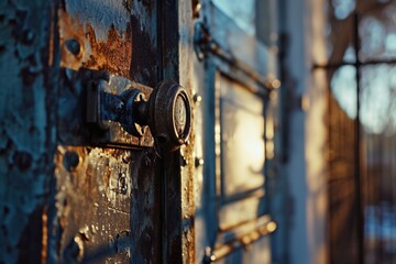 A detailed view of a metal door with a lock. This image can be used to depict security, protection,...