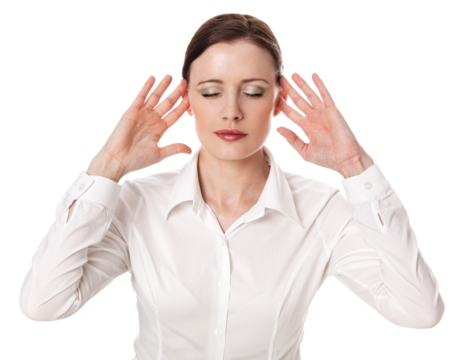 Portrait of a young business woman covering her ears, isolated - Powered by Adobe