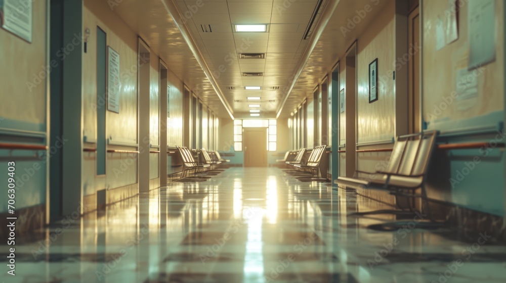 Poster a picture of a long hallway with benches and a clock on the wall. perfect for illustrating waiting a