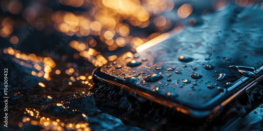 Poster a cell phone sitting on top of a wet surface. can be used to depict water damage or the risk of wate
