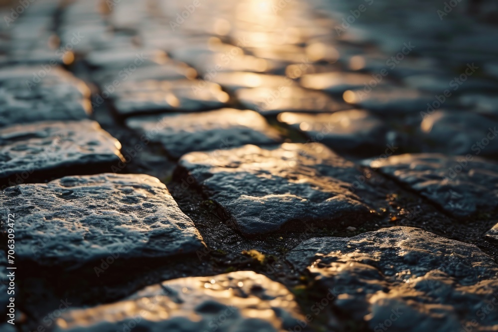 Poster A close up of a cobblestone street at sunset. Perfect for adding a touch of nostalgia and charm to any project