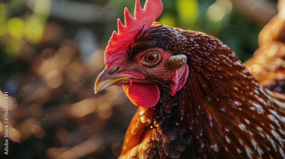Poster a close up view of a rooster with a vibrant red comb. perfect for farm-related designs and animal-th
