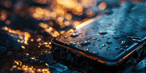 A cell phone sitting on top of a wet surface. Can be used to depict water damage or the risk of water damage to electronic devices
