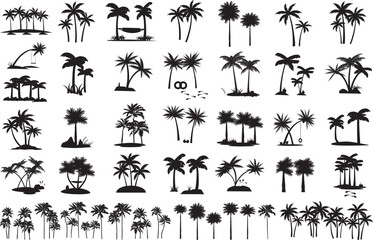 Black palm tree set vector illustration isolated on white background silhouette art black white stock illustration logo icon png. tropical, beach, landscape, pattern, paradise, coconut background