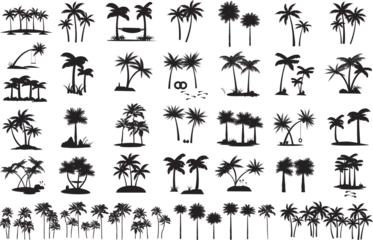 Fotobehang Black palm tree set vector illustration isolated on white background silhouette art black white stock illustration logo icon png. tropical, beach, landscape, pattern, paradise, coconut background © Okkie Agemo Studio03