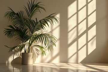 A potted plant sits on a tiled floor next to a window. This image can be used to showcase indoor plants or as a symbol of nature and tranquility in interior design