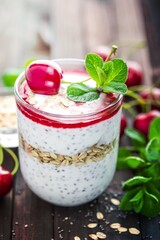 Fresh cherry yogurt with oats and chia seeds, healthy breakfast