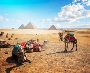 Camels in sandy desert near pyramids at day