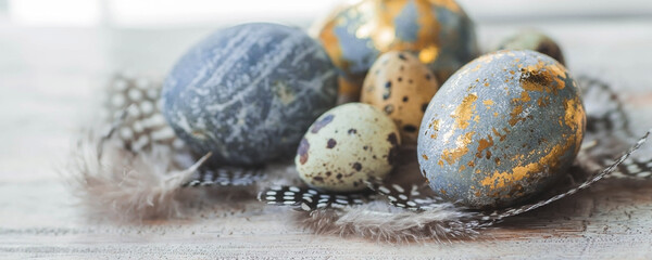 Happy Easter 2024. Stylish grey Easter eggs in the color of marble, concrete, gold and beautiful feathers on a wooden background. Egg coloring with natural dye karkade tea. 
