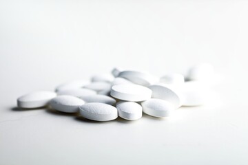 Pile of white drug pills laying on white background.