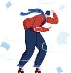 Fototapeta premium Woman in winter clothes struggling against the wind. Person holding hat and fighting strong breeze, papers flying around. Windy weather challenge vector illustration.