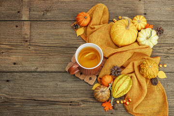 Spicy hot tea. Autumn good mood, traditional fall beverage. Pumpkin, scarf, leaves, pine cones - obrazy, fototapety, plakaty