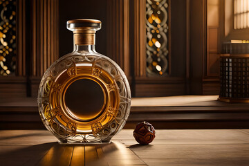 premium liquor decanter , precious ornamented bottle or cognac in  luxurious interior