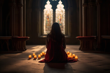 Capture a solitary figure kneeling in prayer in a quiet - dimly lit chapel - surrounded by flickering candles and colorful stained glass