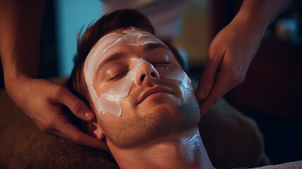Close-up of a relaxed man lying with his eyes closed and a smeared mask on his face in a beauty salon. Spa treatments, Beautiful radiant skin, rested face concepts.