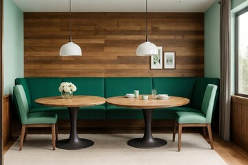 Beautiful green dining room decorated with modern Scandinavian styles. Modern Scandinavian and Eco-friendly interior design concept.