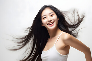 Radiant Asian teenager with flowing hair, emanating positivity through a brilliant smile, captured against a clean white background for a youthful and vibrant feel. Generative AI.