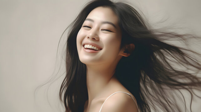 Youthful exuberance on display of A charming Asian teenager with long, windswept hair and a beaming smile, creating a positive uplifting image against pure white backdrop. Generative AI.