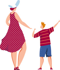 Woman in polka dot dress dancing, young boy pointing excitedly. Mother and son having fun together. Family leisure activities vector illustration.
