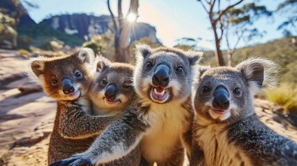 Group of koala in the Australian outback. Wildlife scene from Australia
