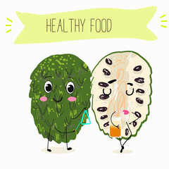 Cute  cartoon soursop, annona, graviola, guanabana, 
citrus, characters with different activities. Flat vector illustration, funny fruits. Organic food.