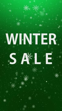 Sale Text Vertical. White sale text with green winter background, seamless loop, vertical resolution.
