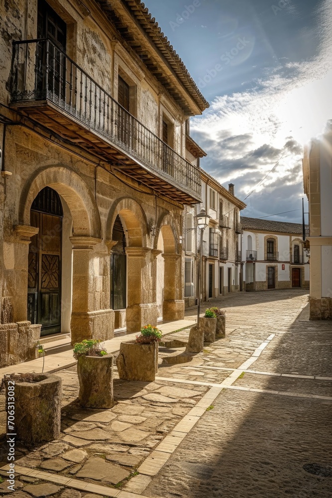 Poster a picturesque cobblestone street lined with stone planters. perfect for adding a touch of charm to a