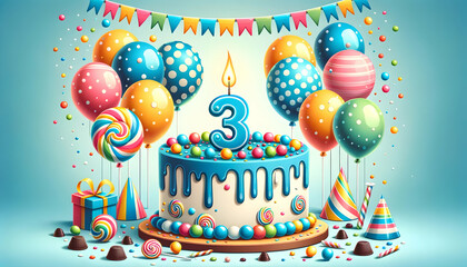 3 year old birthday cake or 3 year anniversary cake celebration with balloons and party decoration	