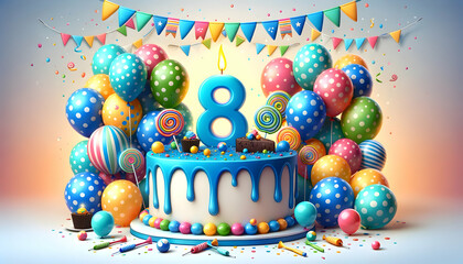 8 year old birthday cake or 8 year anniversary cake celebration with balloons and party decoration	