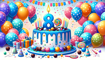 8 year old birthday cake or 8 year anniversary cake celebration with balloons and party decoration	
