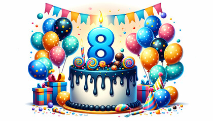 8 year old birthday cake or 8 year anniversary cake celebration with balloons and party decoration	