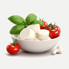 bowl of fresh tomato and mozzarella cheese with basil on a transparent background created with Generative Ai