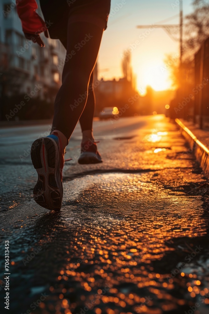 Aufkleber a person walking on a wet sidewalk during sunset. suitable for various themes and concepts