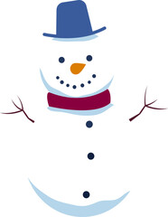 Happy snowman with blue top hat and red scarf on white background. Winter fun and holiday season celebration vector illustration.
