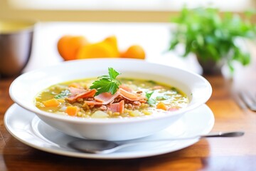 hearty lentil soup with chunks of ham and carrots