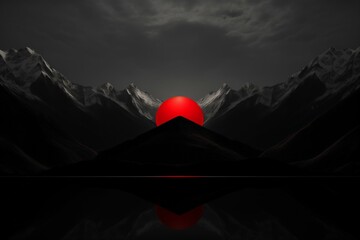 Majestic Red Moonrise Above Rugged Mountains for Thematic Imagery