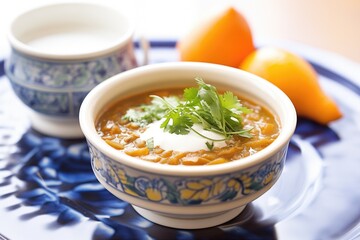 ceramic bowl of lentil soup with a dollop of cream