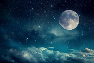 Fototapeta na wymiar Majestic Moon and Twinkling Stars Over Ethereal Clouds - Astronomy Photo