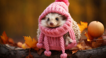 Obraz premium a hedgehog in a pink sweater and a pink hat sits on a branch with an egg in the background, generative ai