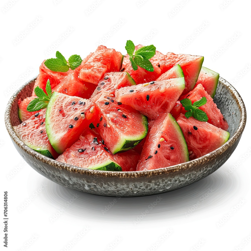 Wall mural bowl watermelon pieces healthy meal, white background, illustrations images