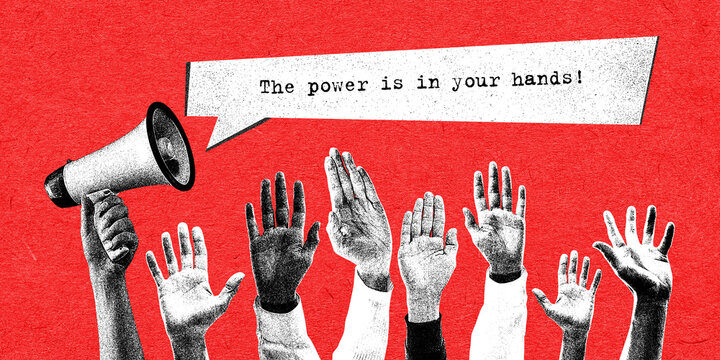 People raising hands over red background. Voting. Choosing candidate. Responsibility. Contemporary art. Elections day, politics, choice and freedom, democracy, human rights concept. Noise effect