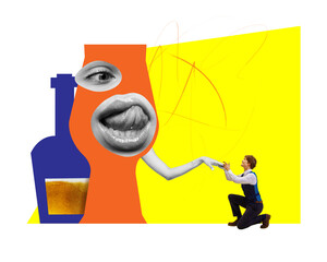Contemporary art collage. Attractive young man kissing hands to mug of cold refreshment lager beer with eyes and mouth. Concept of party, festival, national traditions, taste, lifestyle, fun and happy