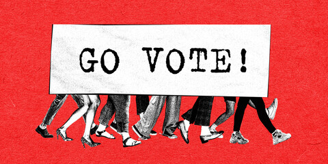 Human legs walking, going to vote. Responsible citizens choosing candidate. Contemporary art....