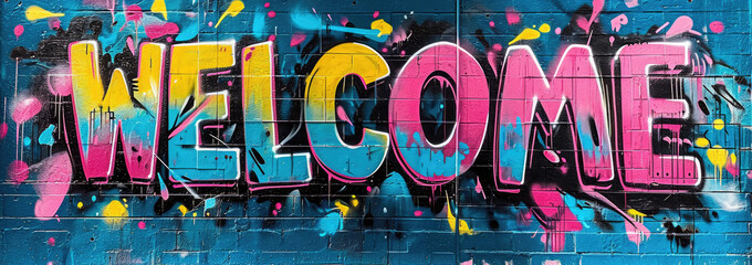 Generative AI, Colorful word Welcome as graffiti  symbol on the wall, street art. Melted paint.	

