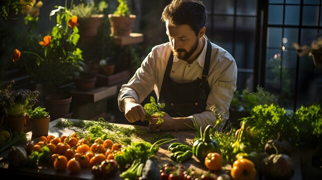Chef choosing fresh vegetables at market, Organic products for cooking in restaurant, A chef expertly chopping vegetables with rapid precision, highlighting the speed and skill in culinary art 