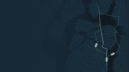 Map with a route and alternative paths. Highlighted detour. Several roads, routes to the destination, locations or to end of the route. A vast aerial view of the city from above. Editable vector