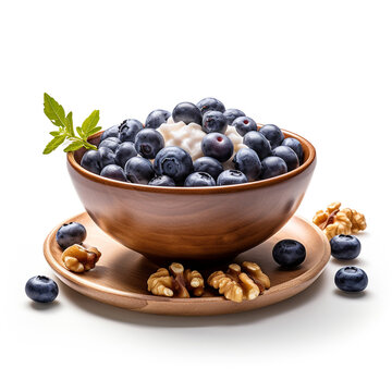 bowl of creamy blueberries and walnuts with transparent background created with Generative Ai